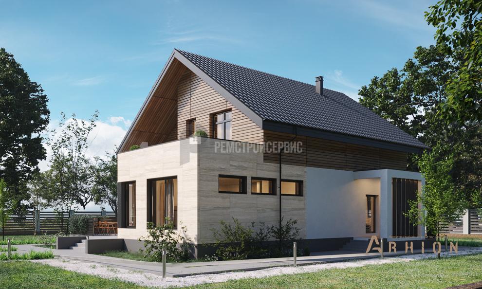 3. Проект одноэтажного дома в стиле шале с двускатной кровлей, t-87-01, площадью - 188 кв c мансардой, терассой, балконом